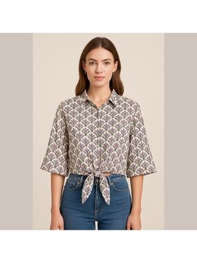 Zara Pineapple Jade Green Purple Satin Pajama Style Cropped Top front tie shirt